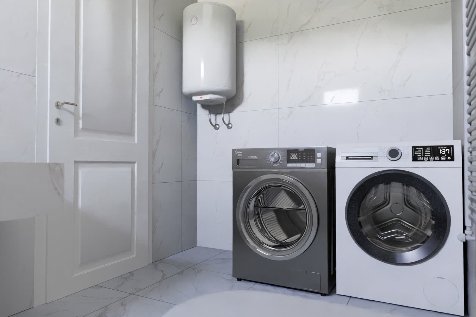Washer and dryer side by side under a wall-mounted water heater