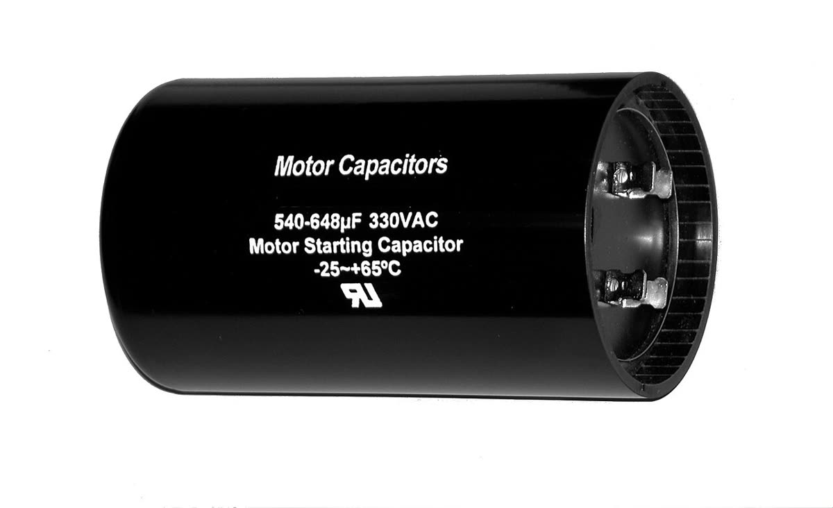 Cylindrical motor start capacitor with two terminals, the kind used on compressors and motors