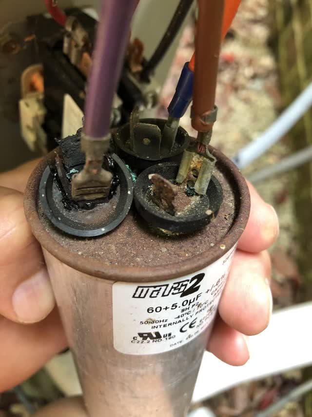 Round dual run capacitor (60+5 µF) with three terminal posts, the kind that runs both the compressor and the fan motor in an AC condenser