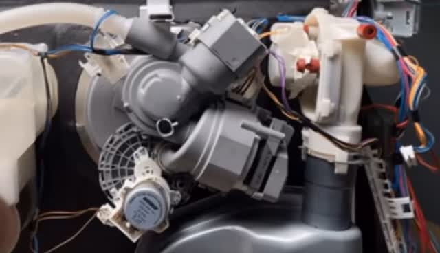 Underside of a dishwasher: wash (circulation) pump and drain pump at the sump, with hoses and wiring harness