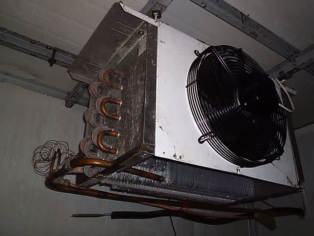 Finned evaporator coil with fans inside a cold room